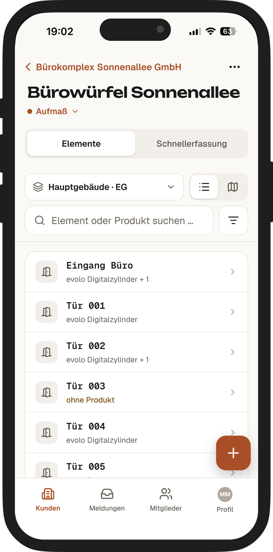 Keyra auf dem iPhone: Elementliste des Standorts Bürowürfel Sonnenallee