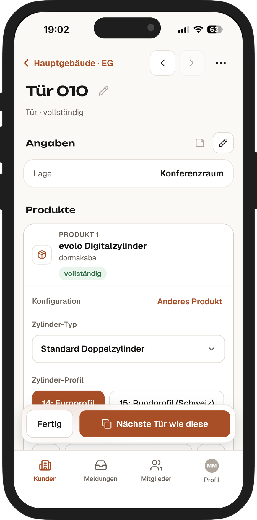 Keyra auf dem iPhone: Konfiguration des evolo Digitalzylinders an Tür 010