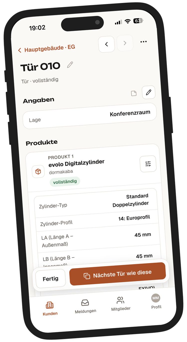 Keyra auf dem iPhone: Tür 010 mit konfiguriertem evolo Digitalzylinder