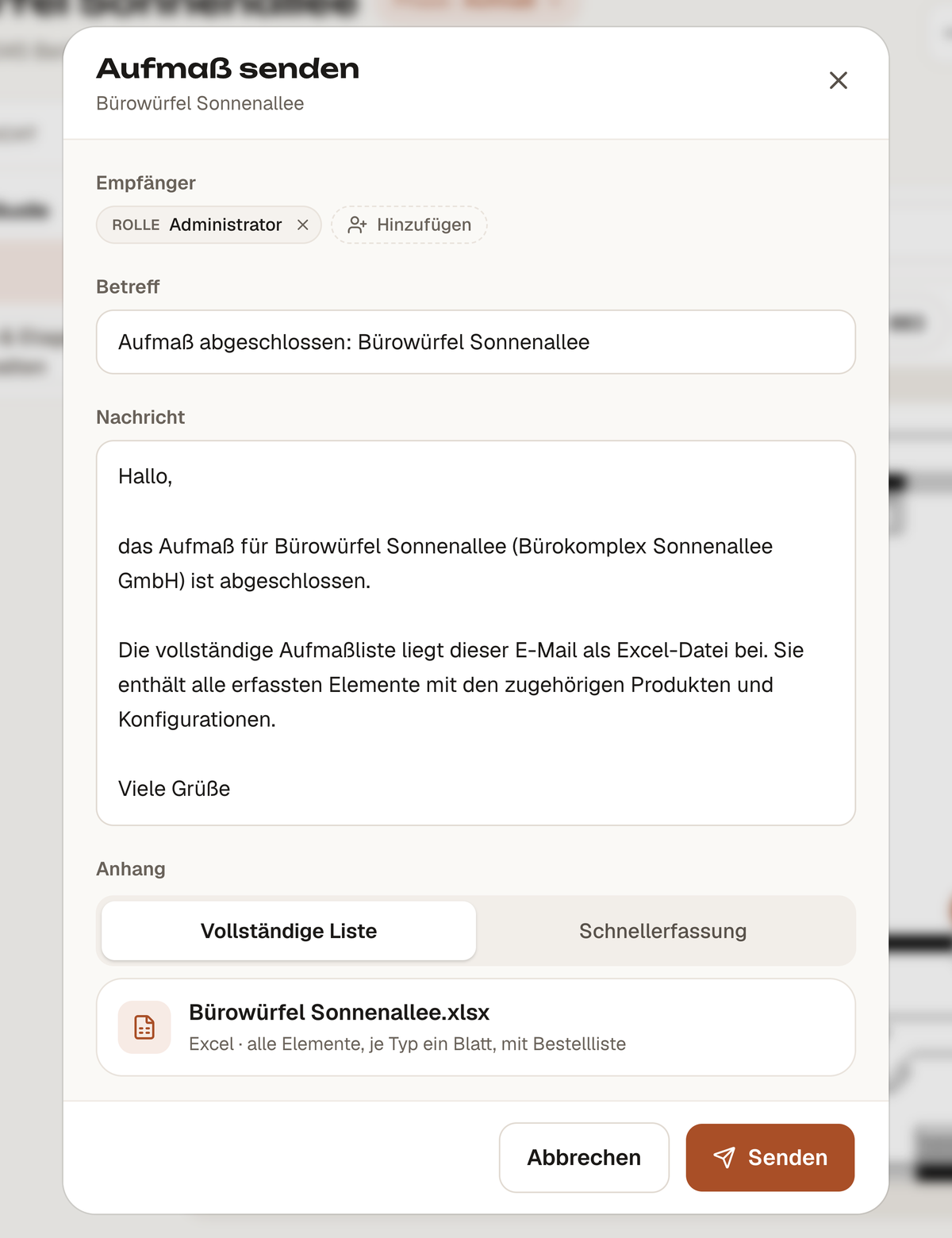 Keyra-Dialog „Aufmaß senden“ mit Excel-Anhang inklusive Bestellliste